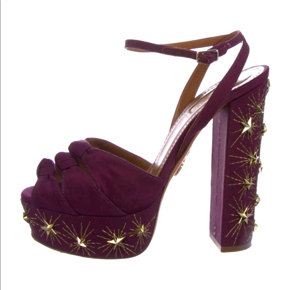$895 AQUAZZURA Mira Embellished Twill Platform Sandal Plum 37.5 - Picture 4 of 12